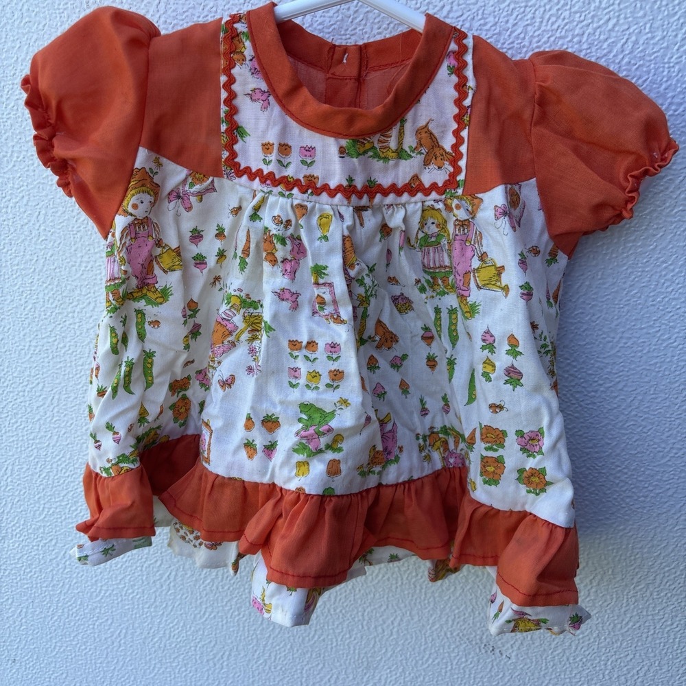Vintage 70's Print Baby Girl Dress 6-9‎ M Months Ruffled  Retro Bright Handmade